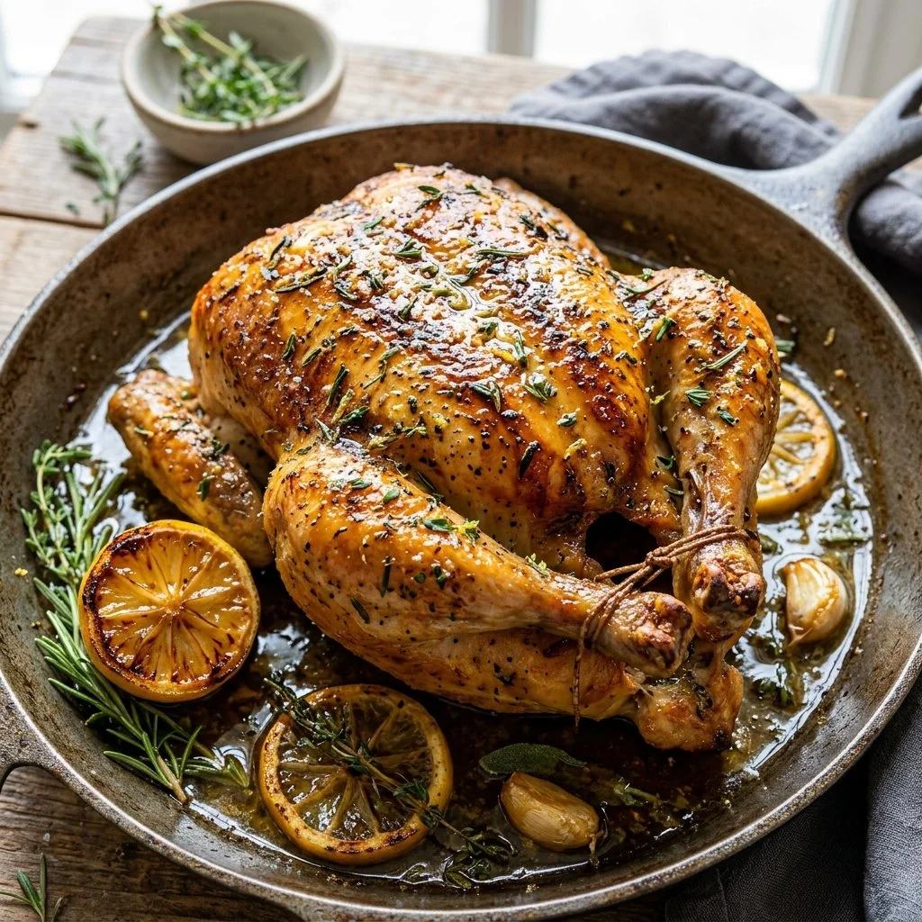 Lemon Herb Roast Chicken garnished with fresh herbs and lemon slices