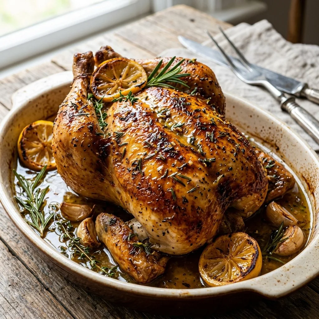 Lemon Herb Roasted Chicken garnished with fresh herbs and lemon slices