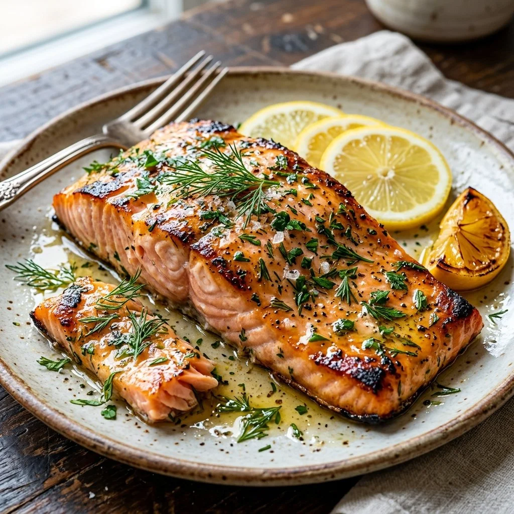 Grilled Lemon Herb Salmon with fresh herbs and lemon slices on a plate