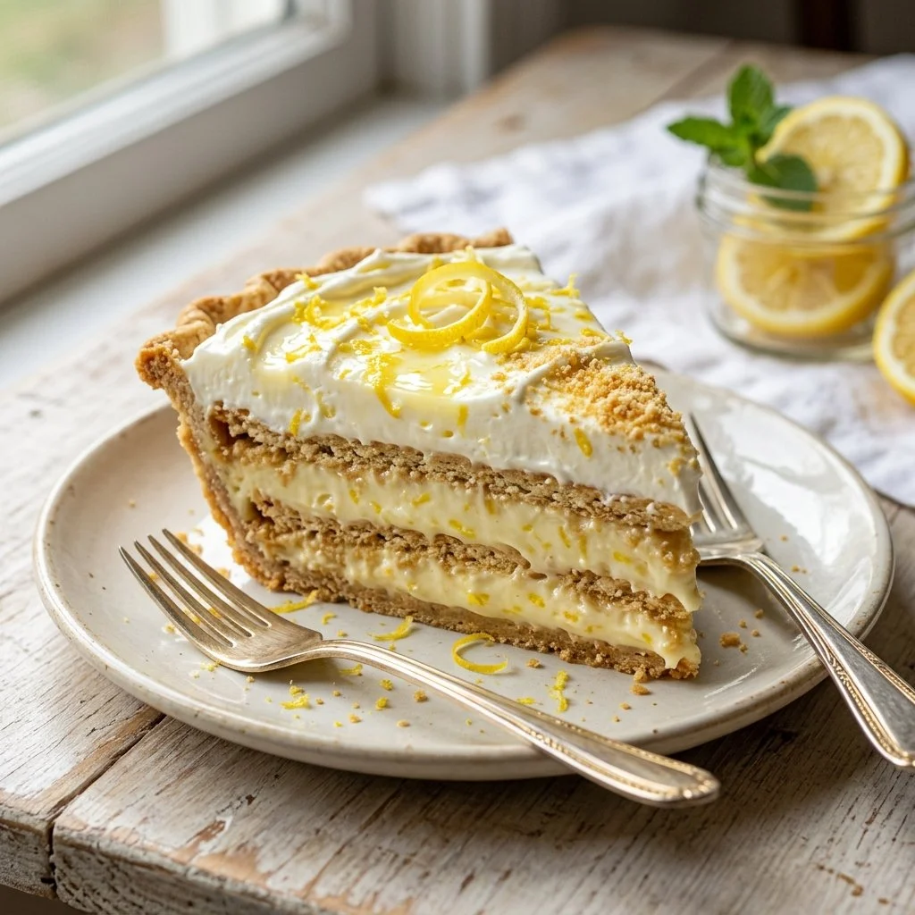 Delicious Lemon Icebox Cake topped with fresh lemon slices and whipped cream