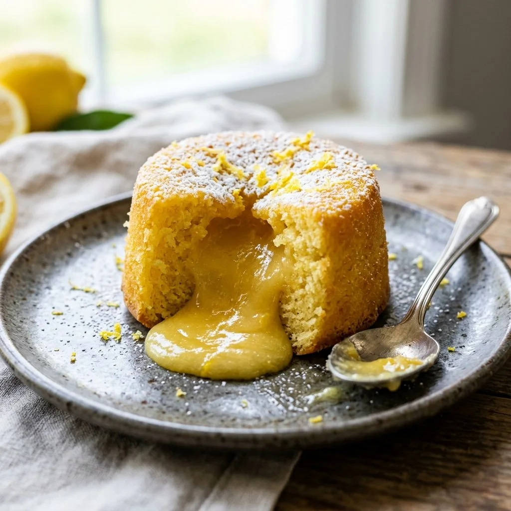 Delicious Lemon Lava Cake with a gooey lemon filling and dusted with powdered sugar