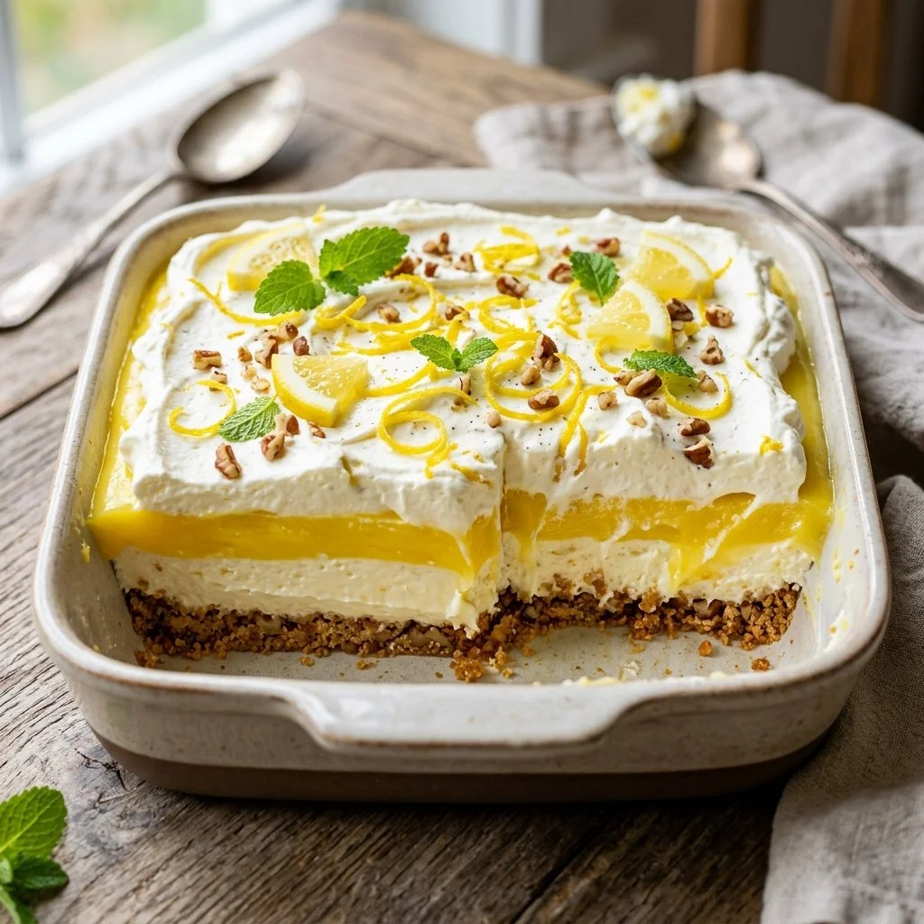 Delicious Lemon Lush dessert with creamy lemon filling and whipped topping