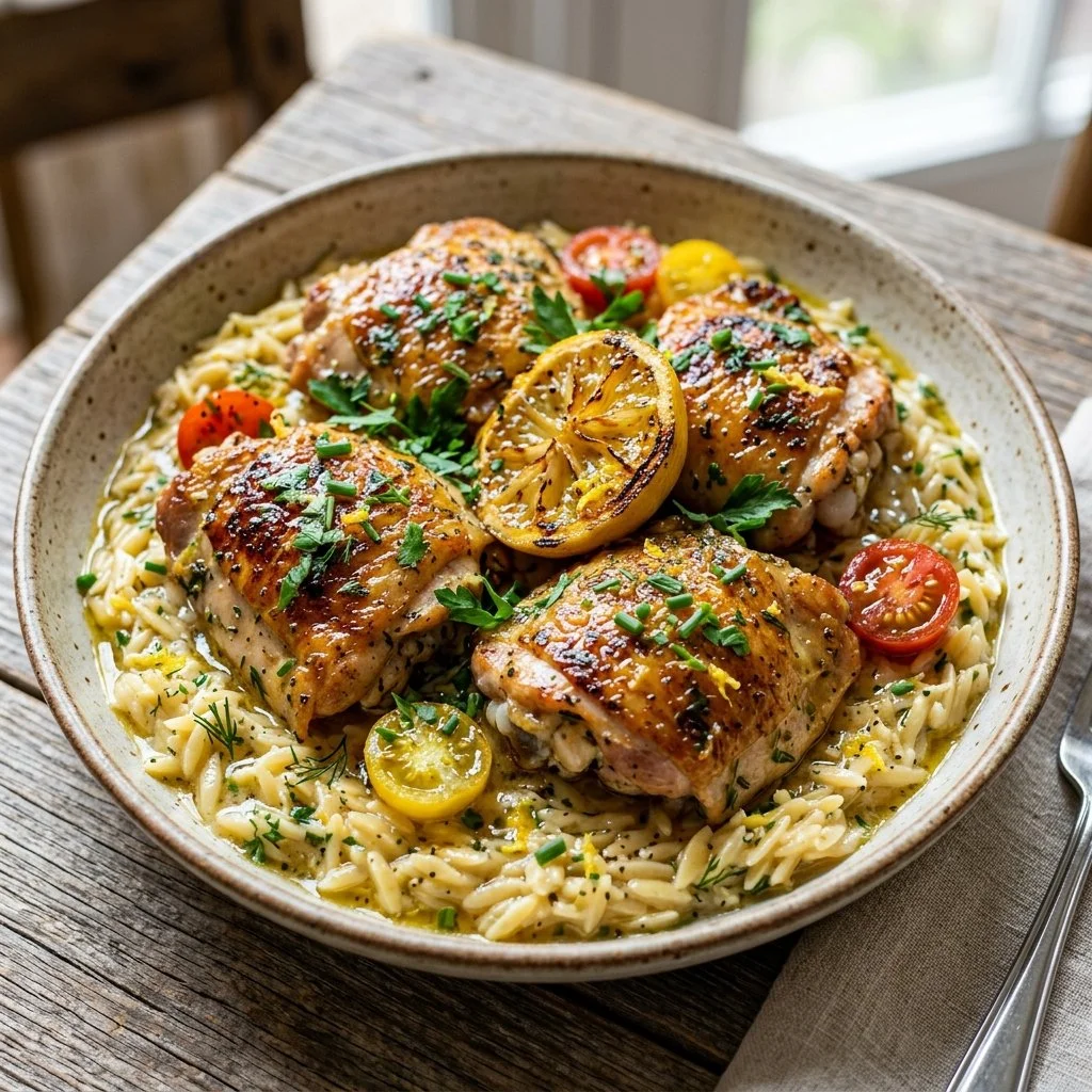 Plate of Lemon Orzo Chicken served with vibrant vegetables