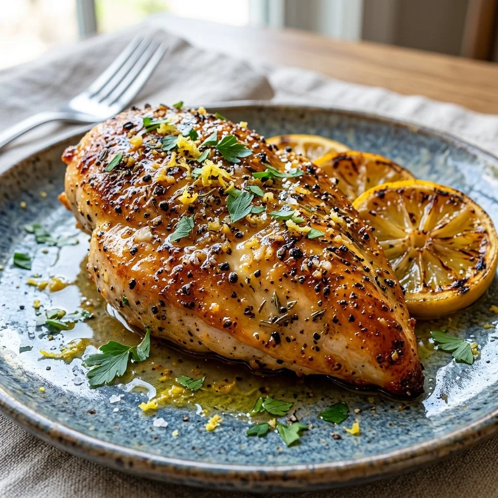 Delicious plate of lemon pepper chicken garnished with herbs