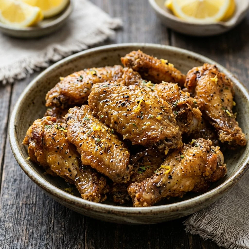 Plate of crispy Lemon Pepper Wings garnished with lemon and pepper seasoning