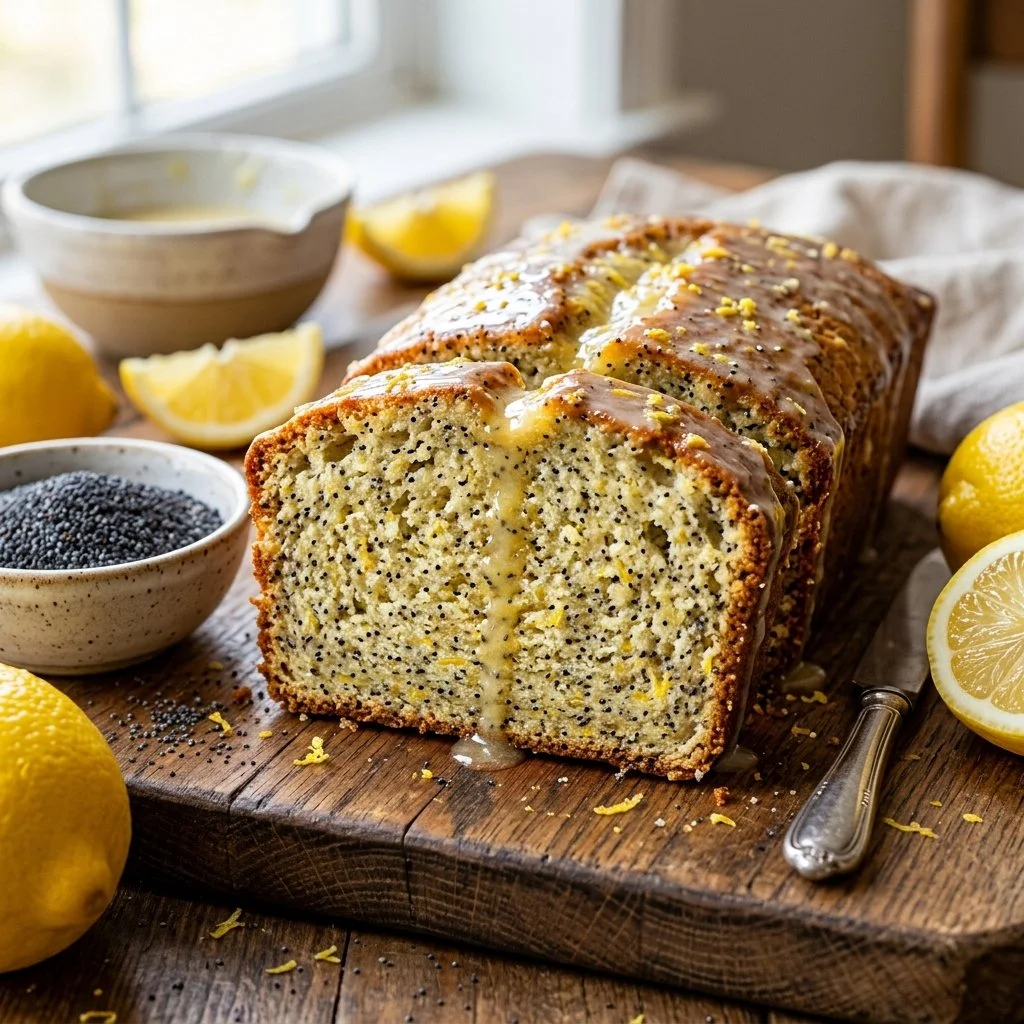 Freshly baked lemon poppy seed bread with a golden crust and poppy seeds.