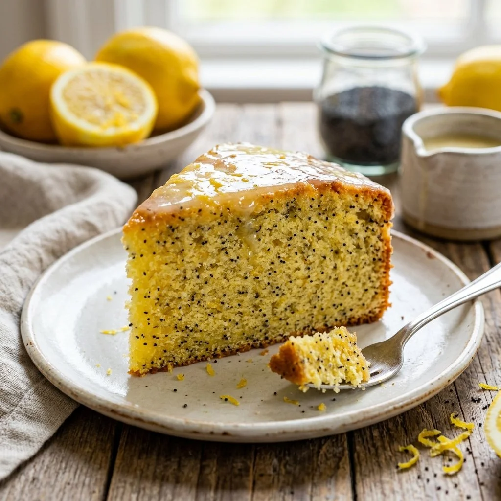 Sliced lemon poppy seed cake with lemon glaze on a white plate