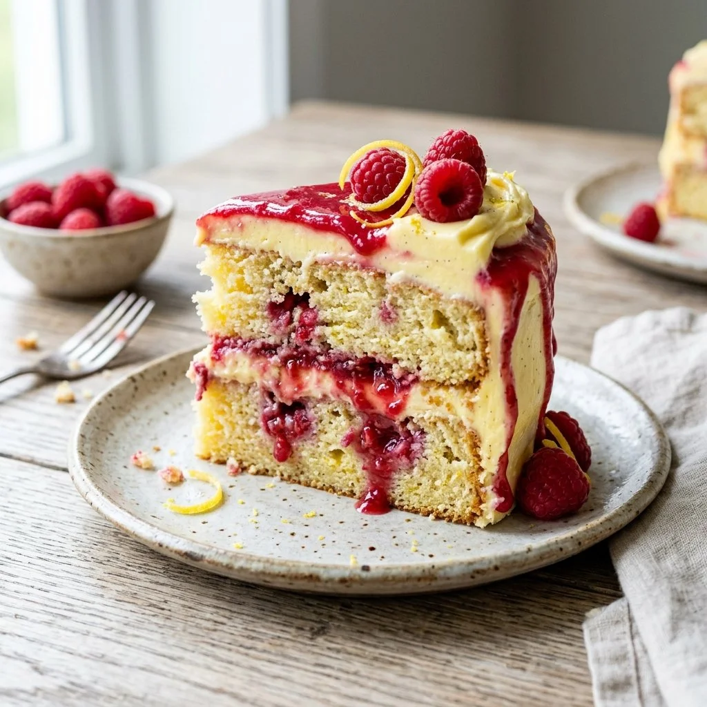 Delicious Lemon Raspberry Cake with lemon zest and fresh raspberries on top