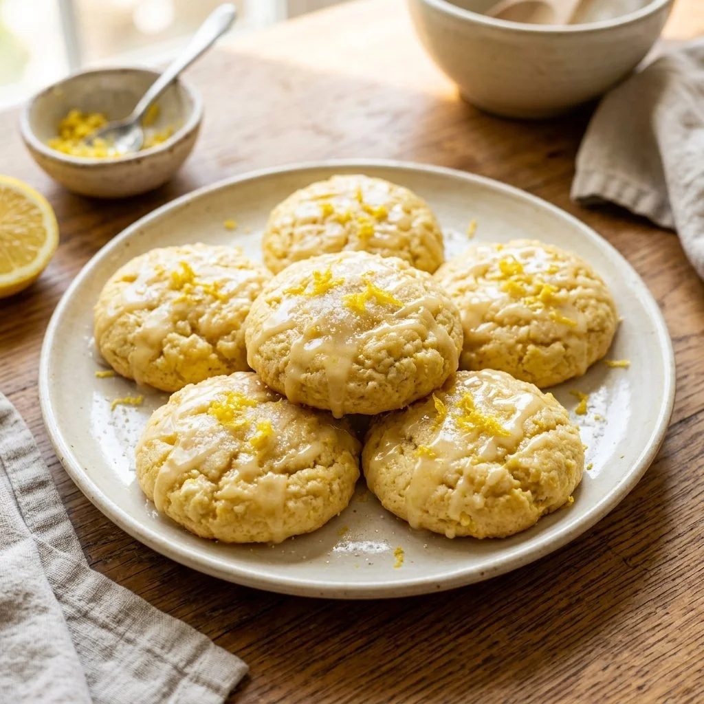 Freshly baked lemon ricotta cookies on a cooling rack