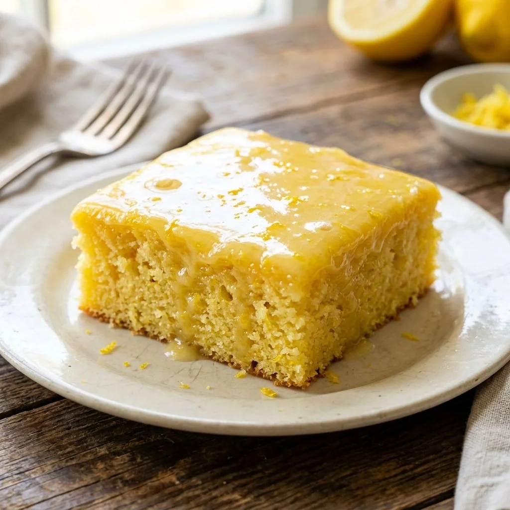 Delicious lemon sheet cake with icing on a rustic wooden table