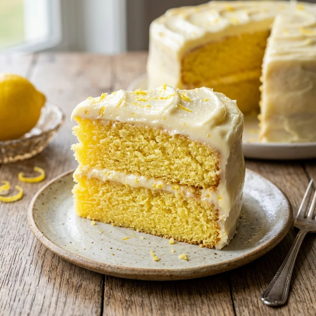A delicious slice of Lemon Velvet Cake with a lemon garnish on a white plate.