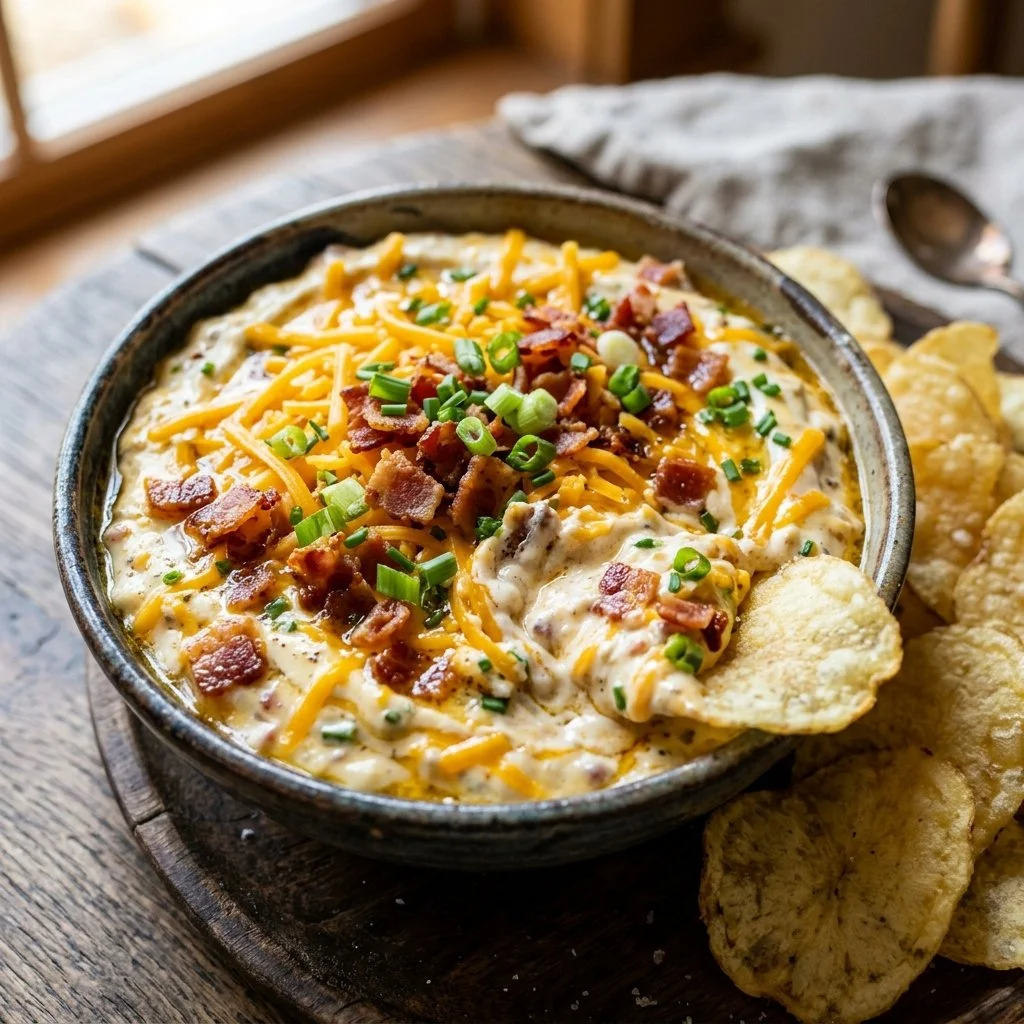 Delicious Loaded Baked Potato Dip served in a bowl with toppings
