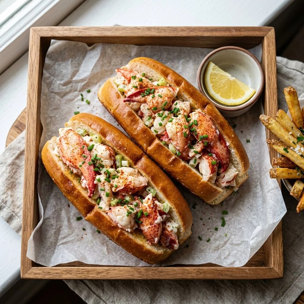 Delicious lobster rolls served with fresh lobster in a buttery toasted roll.