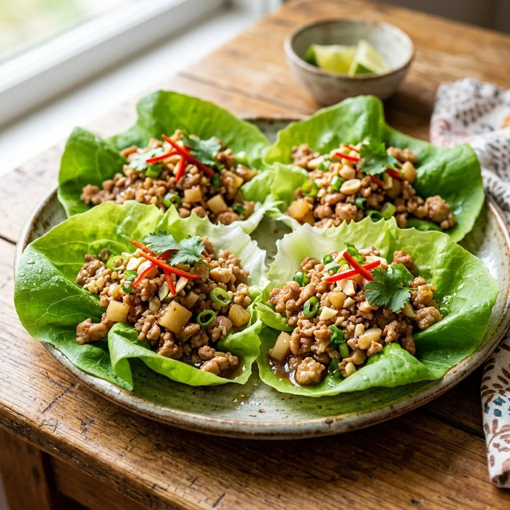 Healthy low carb lettuce wraps filled with fresh vegetables and lean protein.