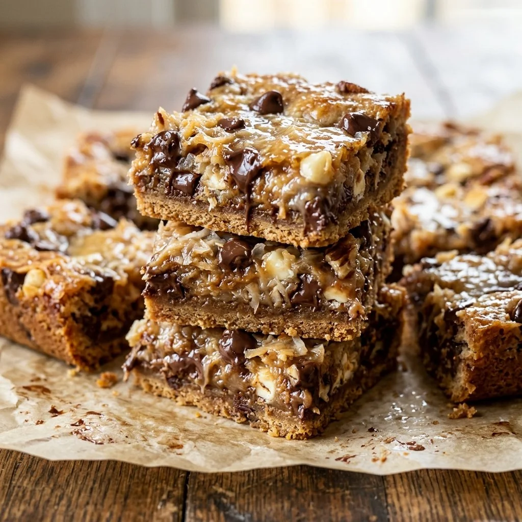 Delicious Magic Cookie Bars stacked on a plate, showcasing layers of chocolate and coconut.