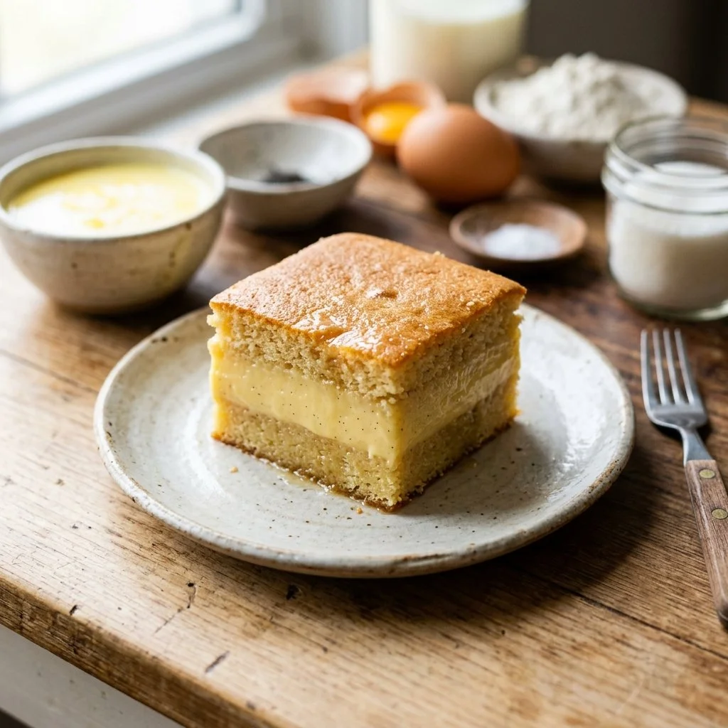 Delicious slice of magic custard cake with creamy layers