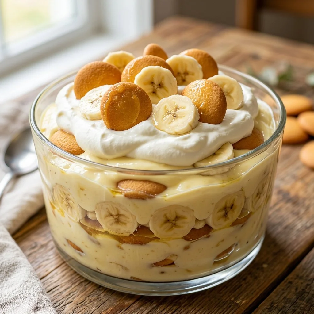 Delicious Magnolia banana pudding served in a glass dish with fresh banana slices.