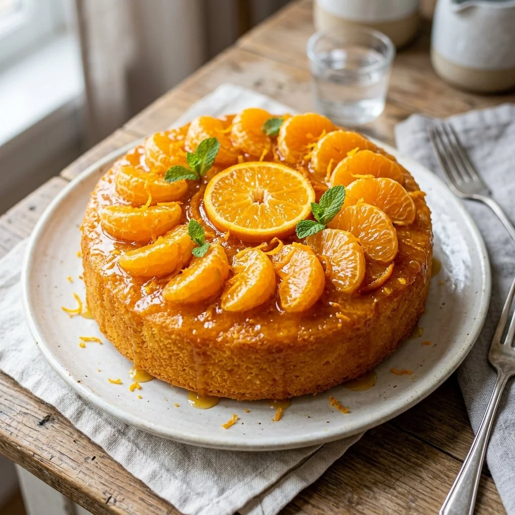 Slice of freshly baked Mandarin Orange Cake topped with citrus glaze