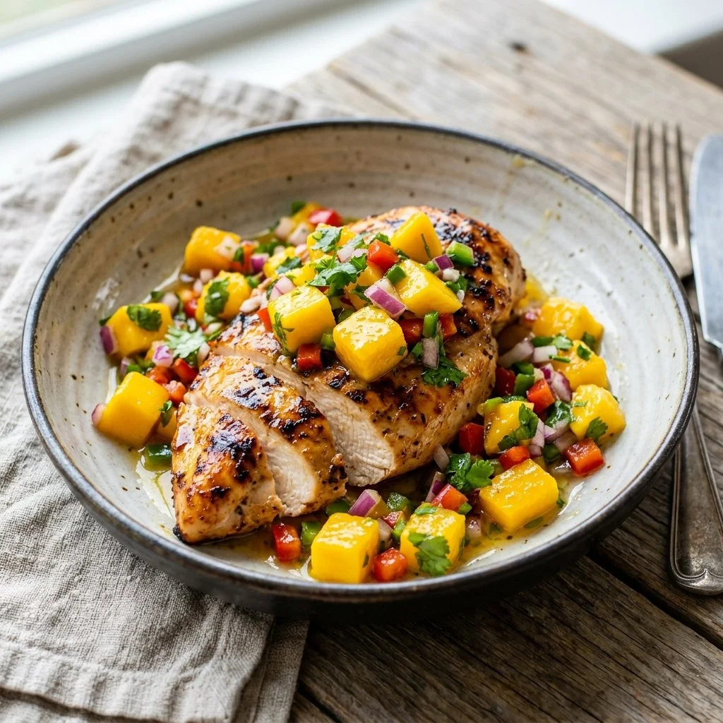 Delicious Mango Salsa Chicken served with fresh mango salsa topping.