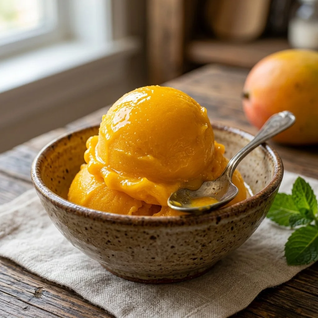 Delicious homemade mango sorbet in a bowl with fresh mango slices