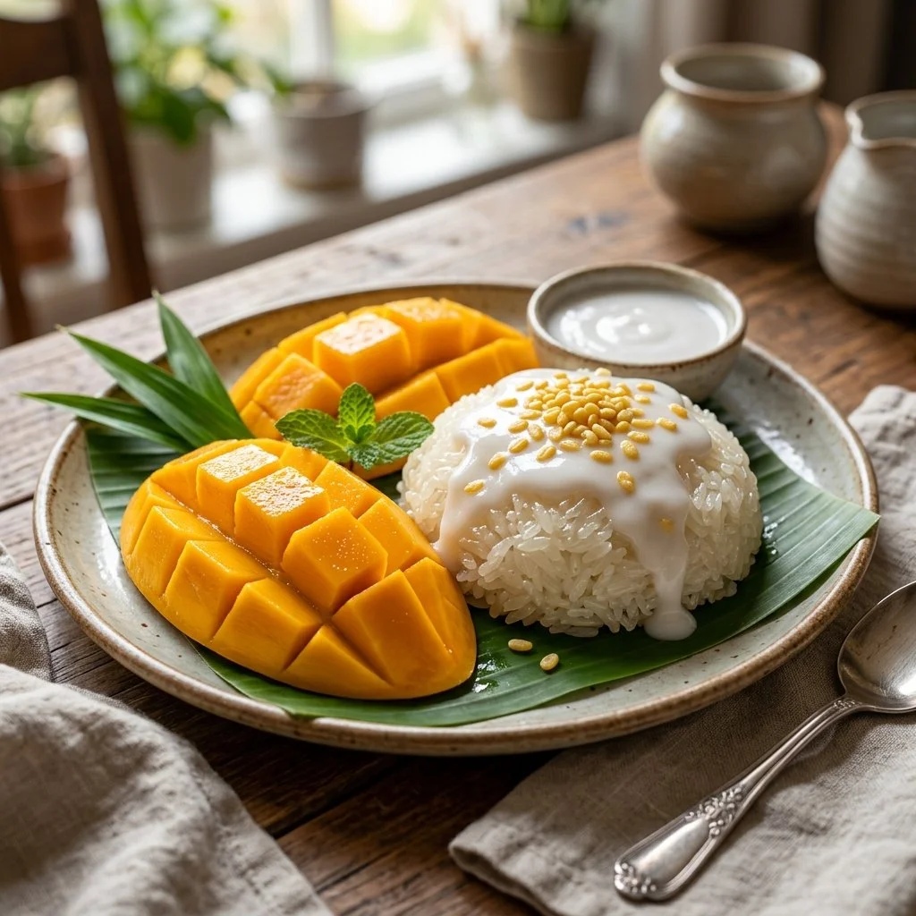 A delicious serving of Mango Sticky Rice topped with ripe mango slices.