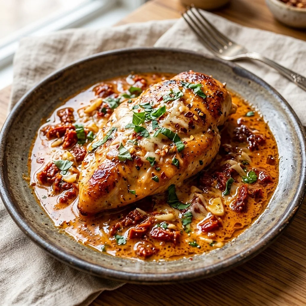Delicious Marry Me Chicken served with creamy sauce and herbs