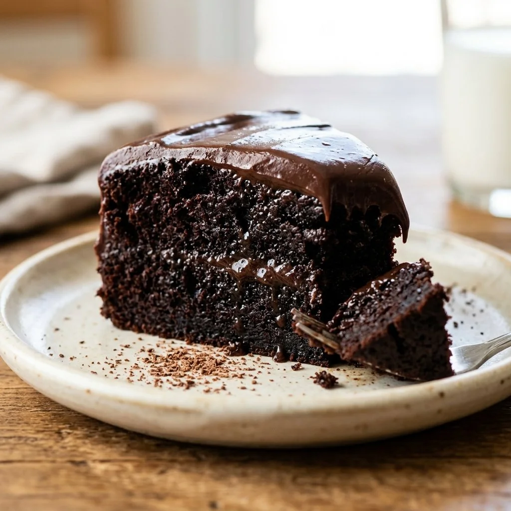 Delicious slice of mayonnaise cake with chocolate frosting and decorations