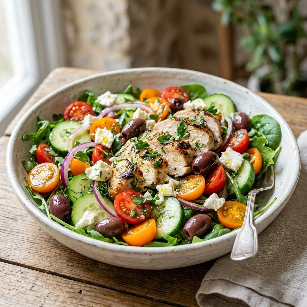 Colorful Mediterranean Chicken Salad with fresh vegetables and grilled chicken.