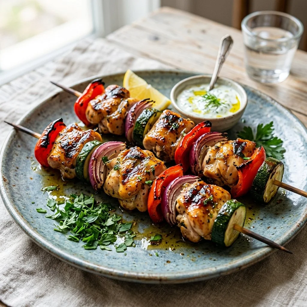 Delicious Mediterranean chicken skewers grilled with vibrant herbs and spices