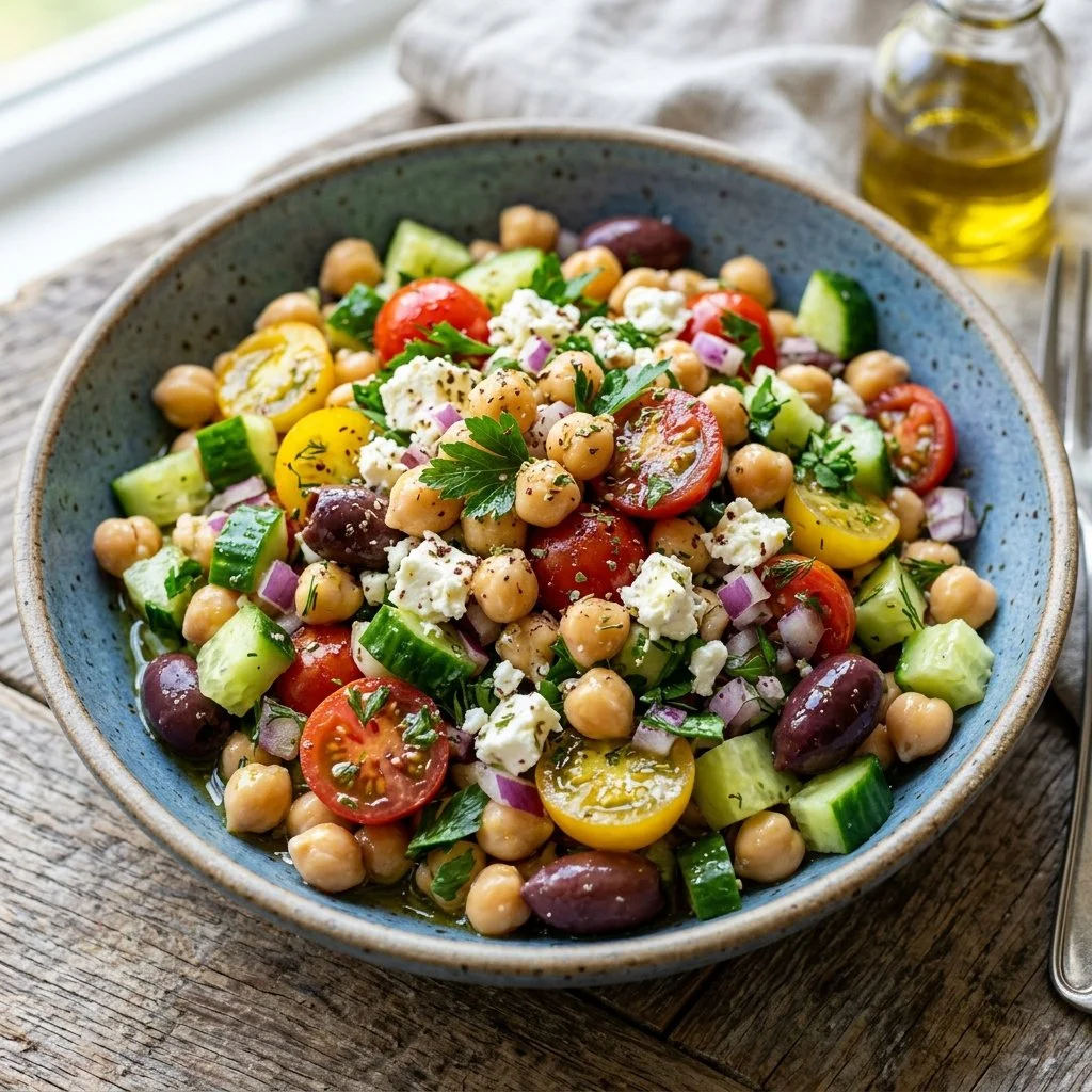 Mediterranean Chickpea Salad with vibrant vegetables and herbs