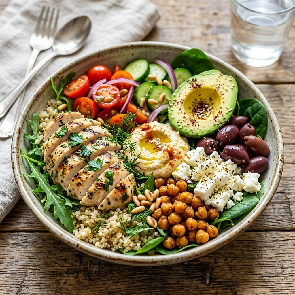 Healthy Mediterranean Power Bowl with fresh vegetables and grains