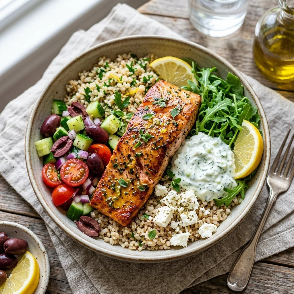 Mediterranean salmon bowl with fresh vegetables and grains