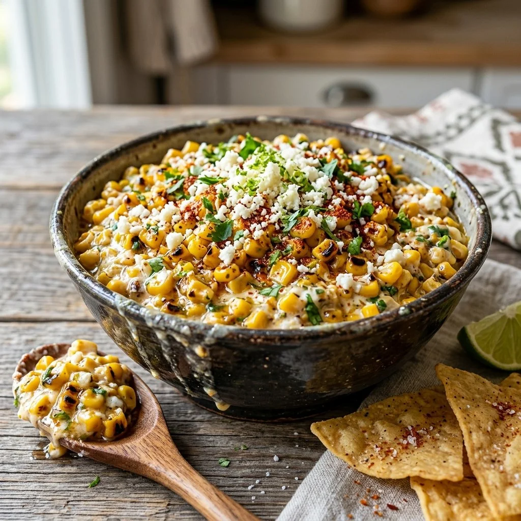 Delicious Mexican street corn dip served in a bowl with fresh cilantro and lime wedges