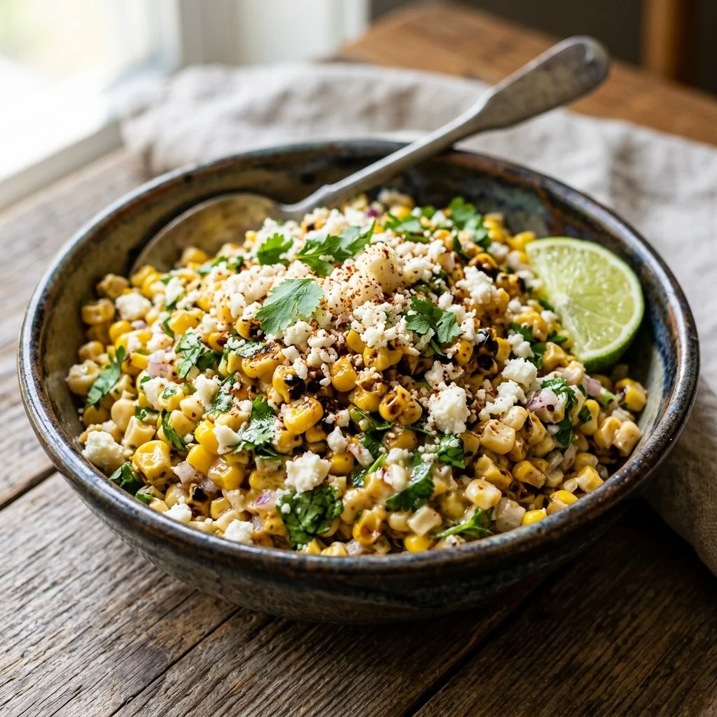 Bowl of Mexican street corn salad with corn, cilantro, and lime