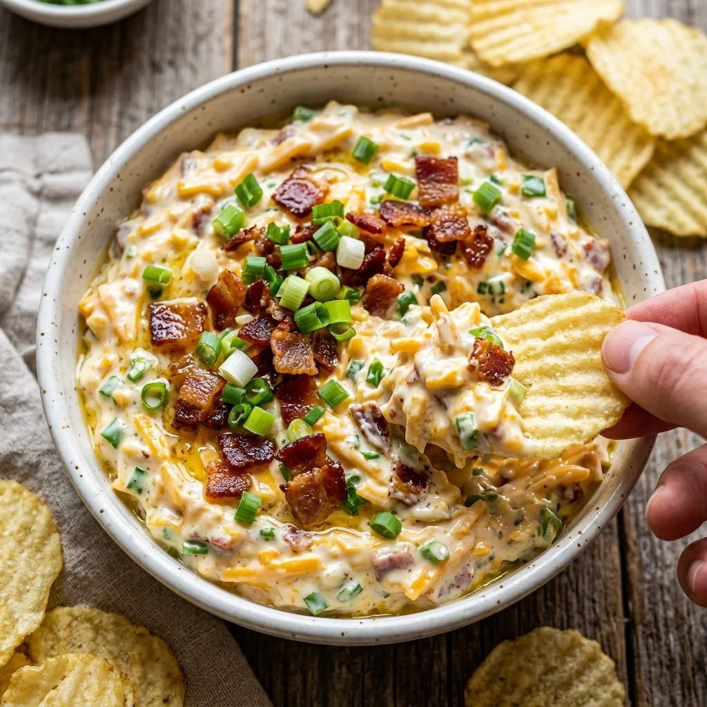 Delicious Million Dollar Dip served in a bowl with crackers and veggies