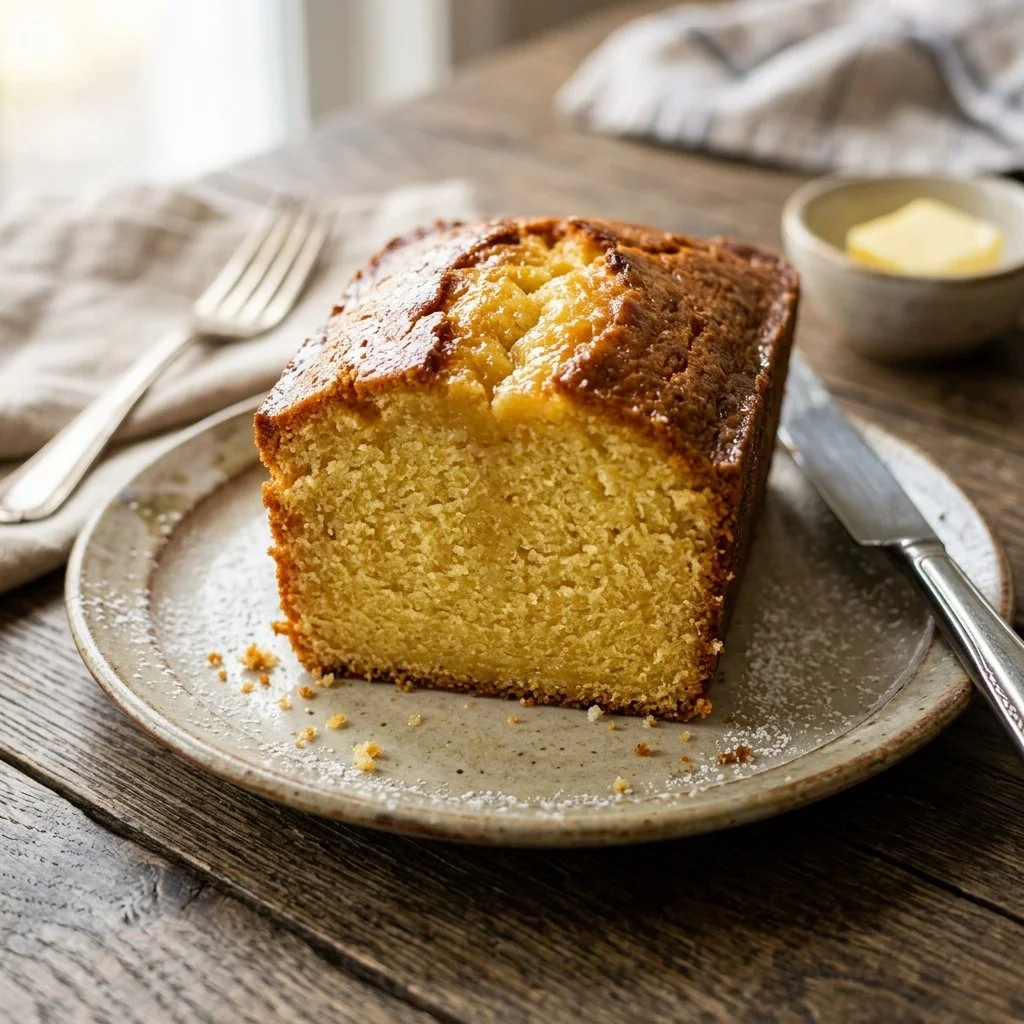 Slice of Million Dollar Pound Cake showcasing its rich and moist texture.