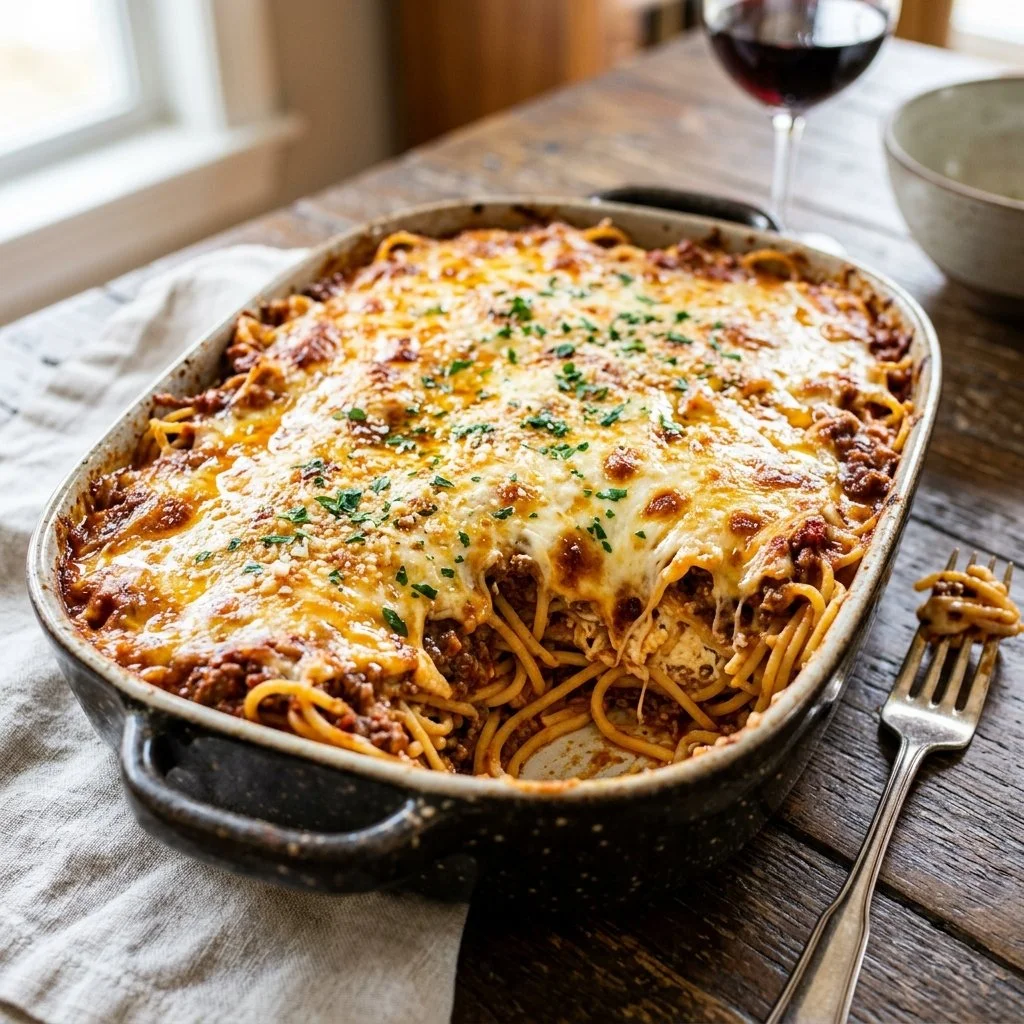 A delicious plate of Million Dollar Spaghetti topped with cheese and herbs.