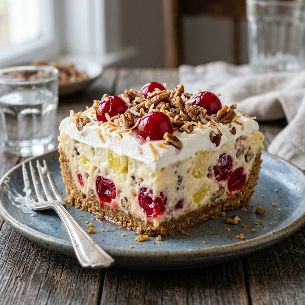 Slice of delicious Millionaire Pie topped with whipped cream and nuts.