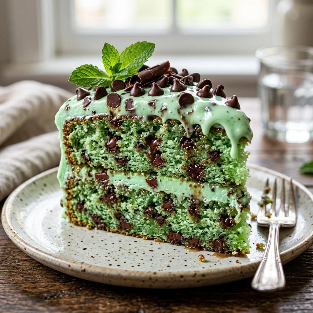 Slice of Mint Chocolate Chip Cake with chocolate chips and mint frosting.