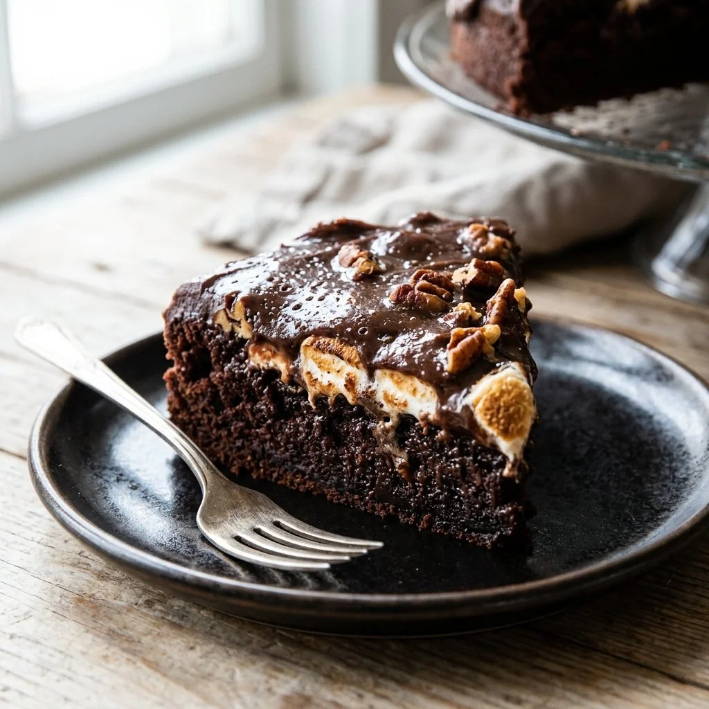 Delicious slice of Mississippi Mud Cake topped with chocolate and nuts