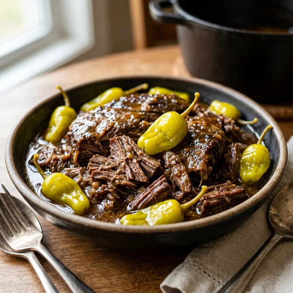 Delicious Mississippi Pot Roast served with vegetables and gravy