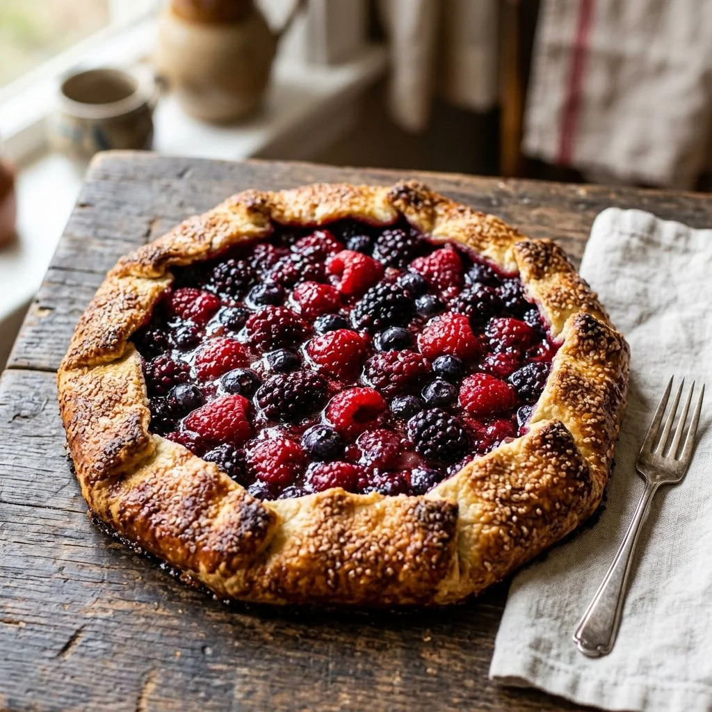 A delicious mixed berry galette with fresh berries and a golden crust