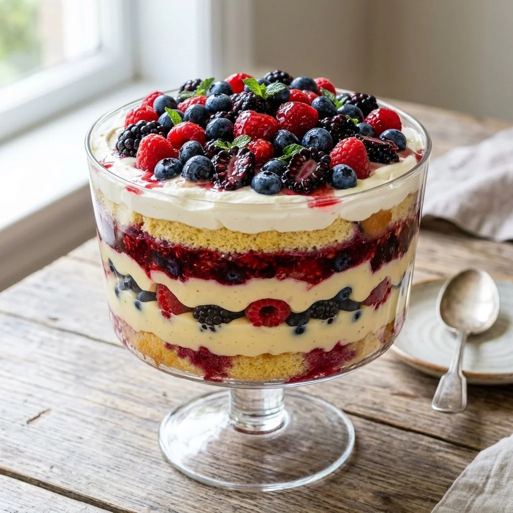 Delicious mixed berry trifle with layers of berries, cream, and cake.