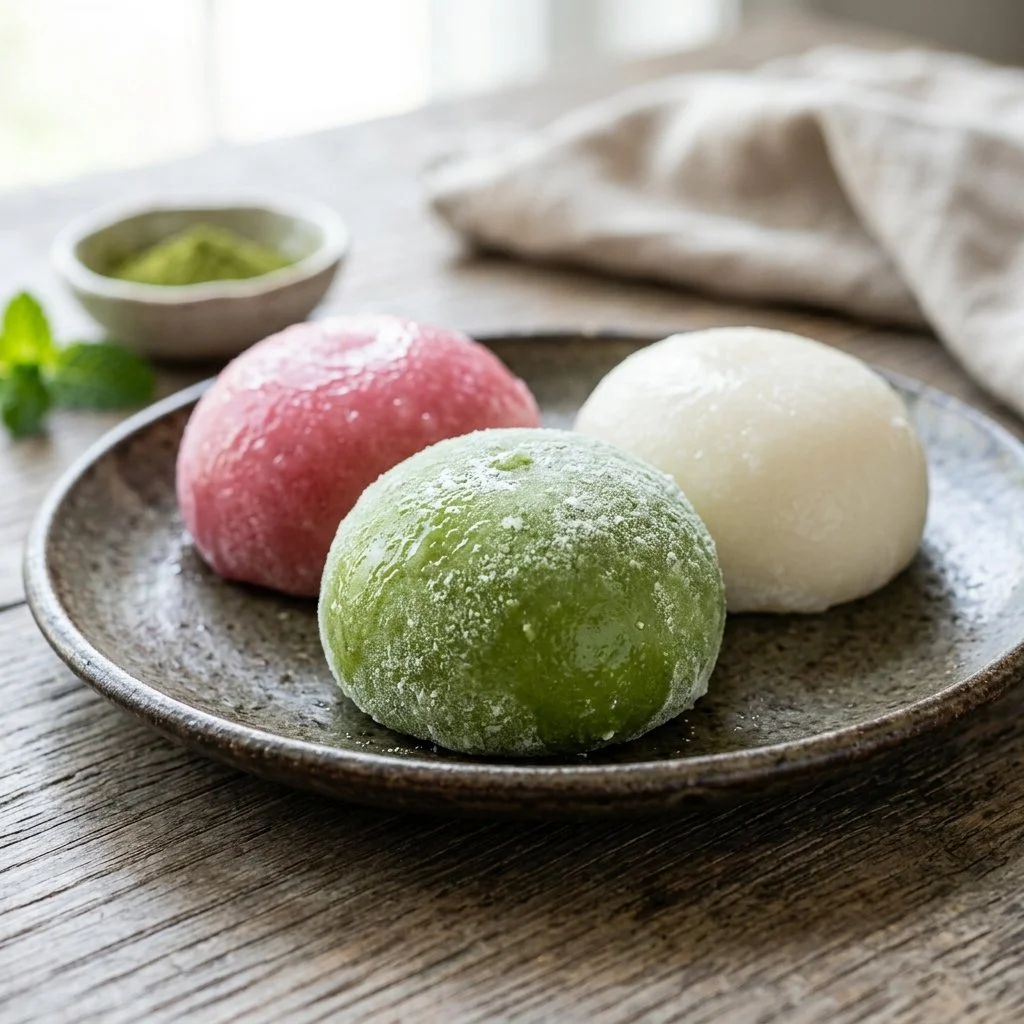 Assorted mochi ice cream flavors in colorful mochi shells on a plate
