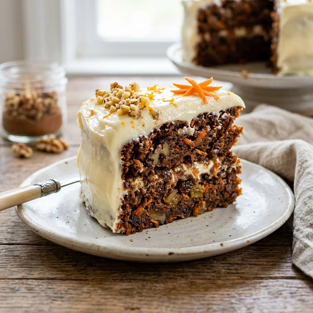 Deliciously moist carrot cake topped with cream cheese frosting