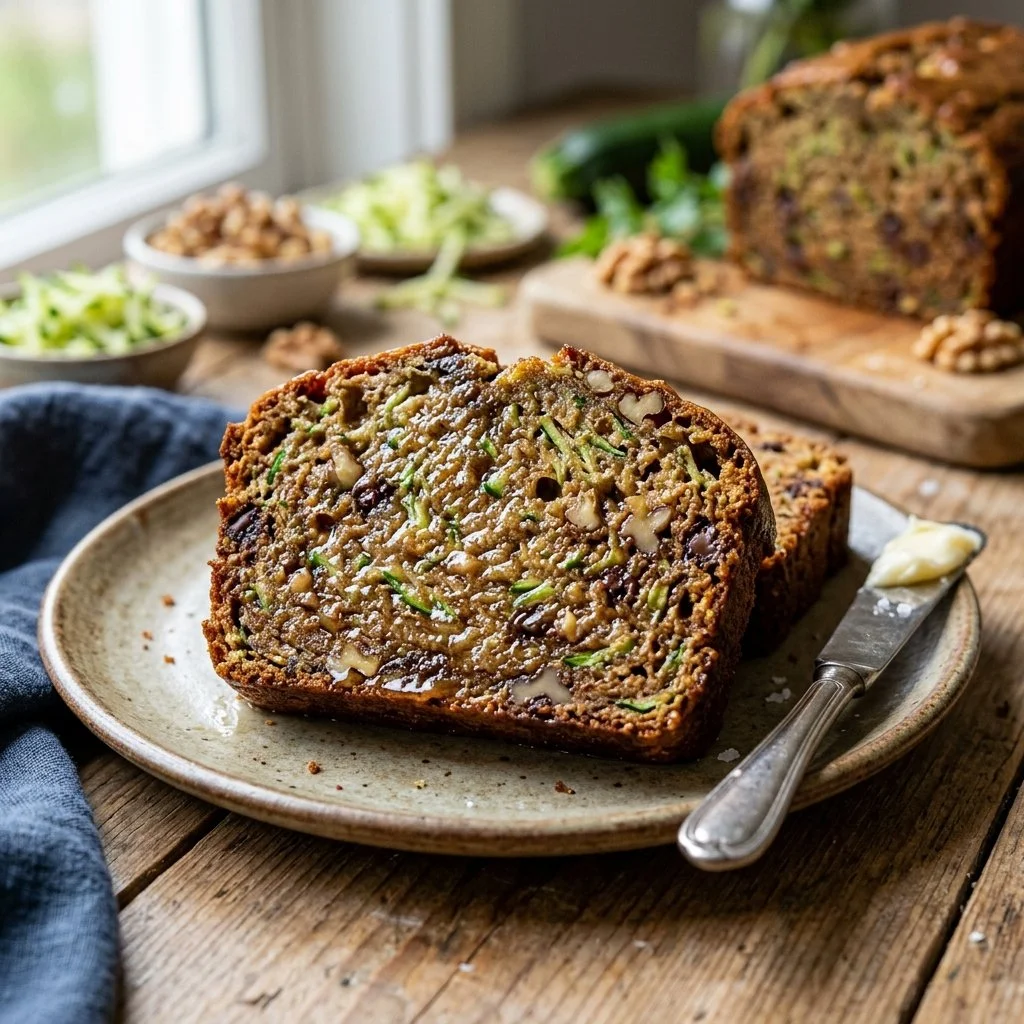 Loaf of moist zucchini bread with slices on a wooden cutting board