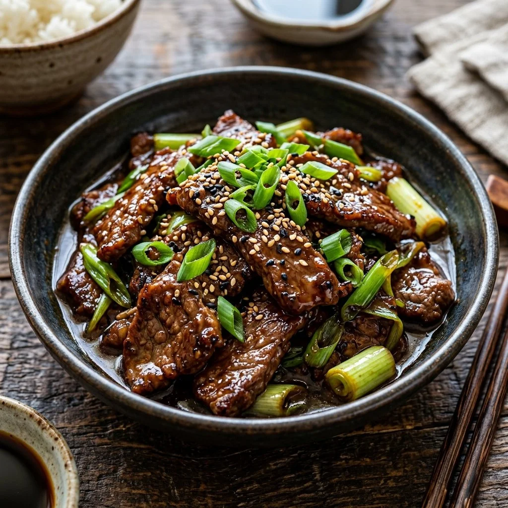Delicious plate of Mongolian Beef with vegetables and sauce