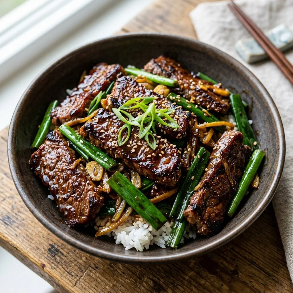 A delicious plate of Mongolian beef stir fry with vegetables and rice.