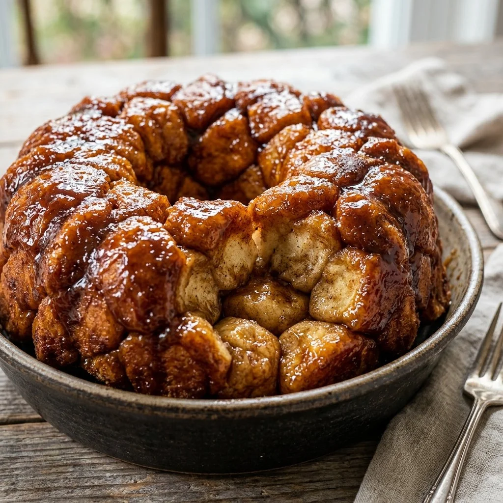 Delicious homemade Monkey Bread drizzled with caramel sauce.
