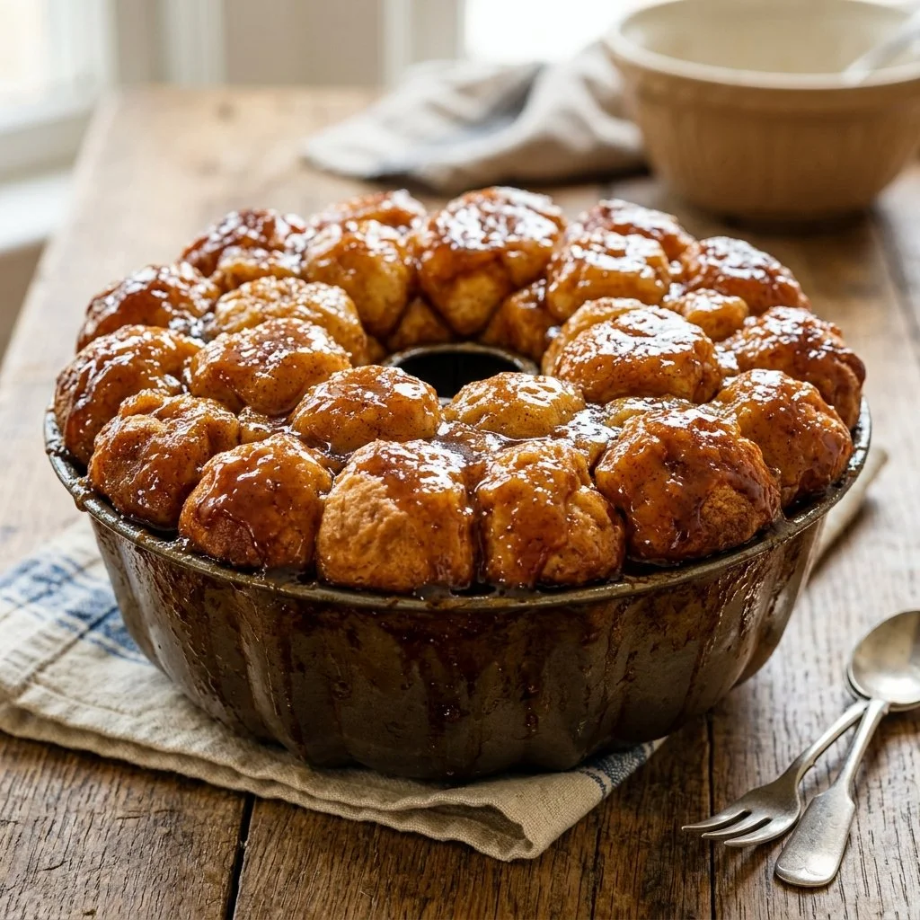 Delicious homemade Monkey Bread served warm with gooey caramel sauce.